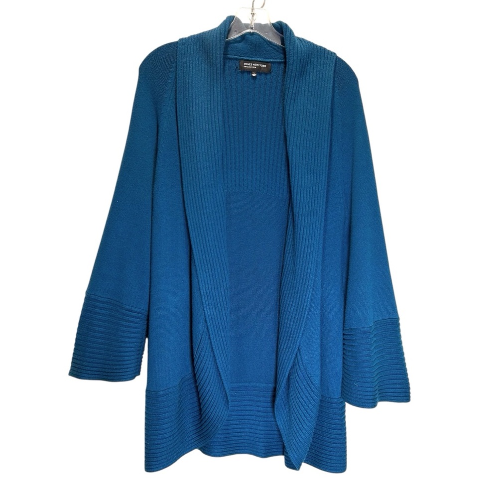 Jones New York Collection Teal Open Front Cotton Blend Cardigan - Large